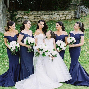 Off Shoulder Long Sheath Navy Bridesmaid Dresses, PD0929