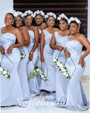 Sexy Soft Satin One Shoulder Sleeveless Mermaid Floor Length Bridesmaid Dresss,SFWG00495