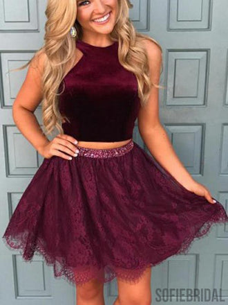 Halter Two Piece Red Lace Cheap Homecoming Dresses 2018, CM413