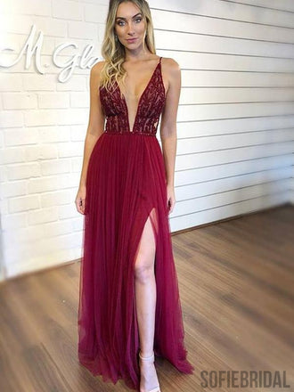 V-neck Beaded Long A-lie Tulle Side Slit Prom Dresses, PD0902