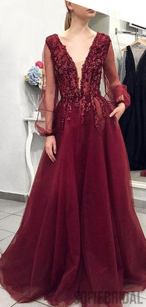 Long A-line Tulle Beaded Prom Dresses, Long Sleeves Prom Dresses, PD0884