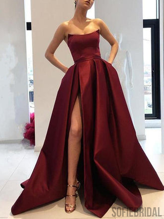 Strapless Long Side Slit Satin Prom Dresses, Cheap Prom Dresses, Long Prom Dresses, PD0729