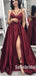 Simple Long A-line Side Slit Satin Prom Dresses, PD0837