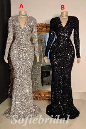 Sexy Sequin V-Neck Long Sleeve Mermaid Long Prom Dresses,SFPD0672