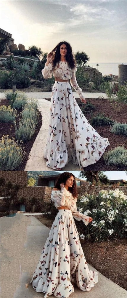 Sexy Two Pieces Off Shoulder Butterflies Floral Printed Maxi Dress Pro SofieBridal Sexy Two Pieces Off Shoulder Butterflies Floral Printed Maxi Dress Pro SofieBridal