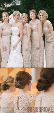 Sheath Full Lace Cap Sleeves Bridesmaid Dresses With Belt, BD1049