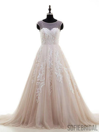 Sexy Open Back Illusion Lace Tulle A-line Wedding Dresses Online, WD368