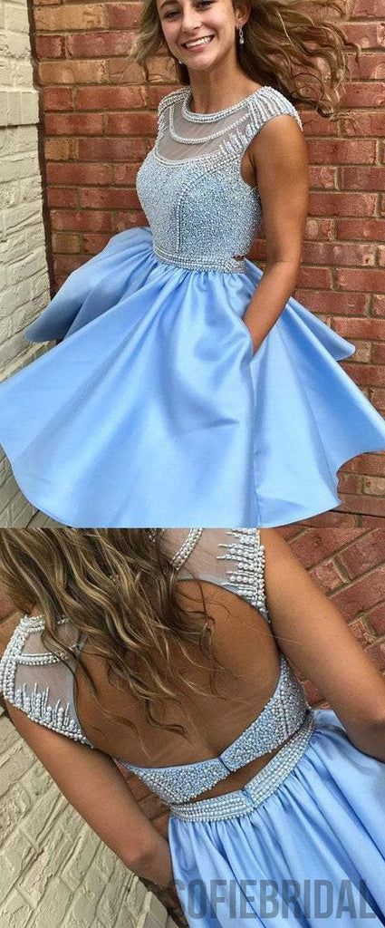 Light Blue Satin Homecoming Dresses, Beaded Open Back Homecoming Dresses, Homecoming Dresses, SF0114