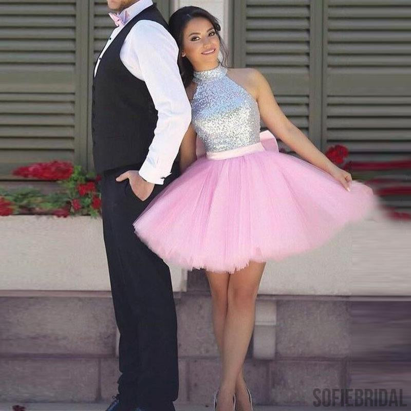 Silver Sequin Top Homecoming Dresses, Pink Homecoming Dresses, Cheap Homecoming Dresses, SF0107