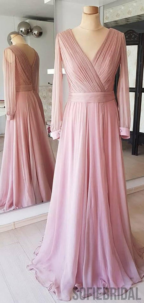 V-neck Long Sleeves Pink Chiffon Prom/Bridesmaid Dresses, PD0894
