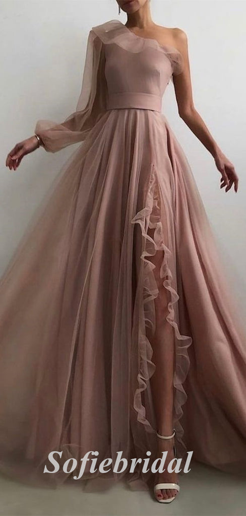 Elegant Tulle And Chiffon One Shoulder Long Sleeves Side Slit A-Line Long Prom Dresses, PD0825