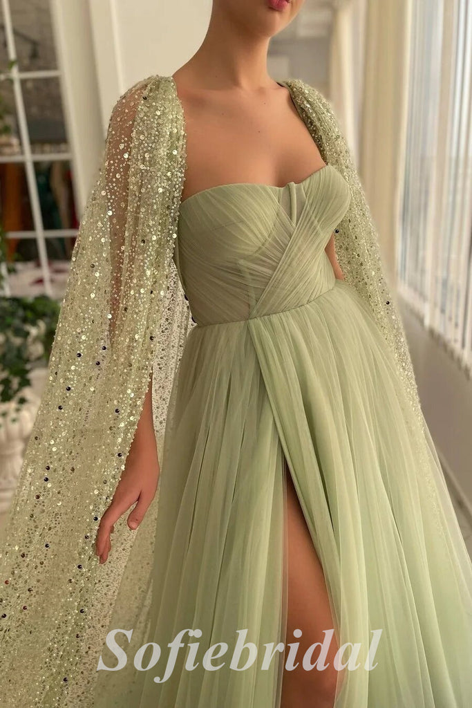 Elegant Tulle Sweetheart Sleeveless Side Slit A-Line Long Prom Dresses,SFPD0617