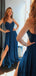 Dark Teal Spaghetti Lace Top Chiffon Long Side Slit Prom Dresses, PD0759