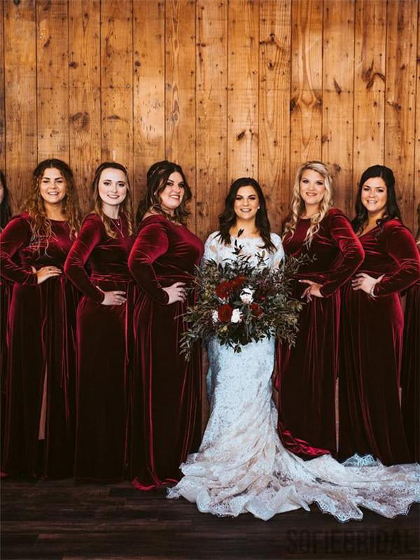 Sheath Long Sleeves V-back Long Burgundy Velvet Bridesmaid Dresses, BD SofieBridal Sheath Long Sleeves V-back Long Burgundy Velvet Bridesmaid Dresses, BD SofieBridal