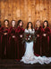 Sheath Long Sleeves V-back Long Burgundy Velvet Bridesmaid Dresses, BD1062