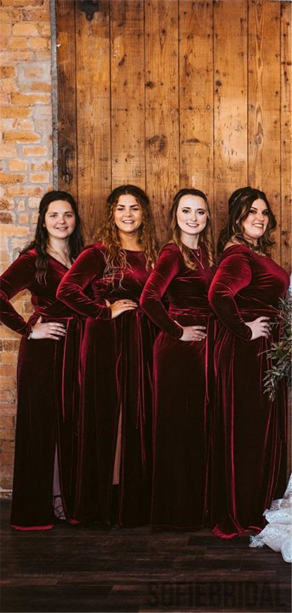 Sheath Long Sleeves V-back Long Burgundy Velvet Bridesmaid Dresses, BD SofieBridal Sheath Long Sleeves V-back Long Burgundy Velvet Bridesmaid Dresses, BD SofieBridal
