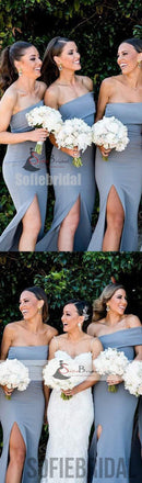 Off Shoulder Dusty blue Bridesmaid Dresses, Side Slit Bridesmaid Dress, Cheap Bridesmaid Dresses, PD0491