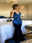 Sexy Dark Blue Satin Spaghetti Straps V-Neck Open Back Mermaid Prom Dress,SFPD0185