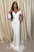 Sexy White Satin V-Neck Long Sleeve Mermaid Long Prom Dresses With Trailing,SFPD0622