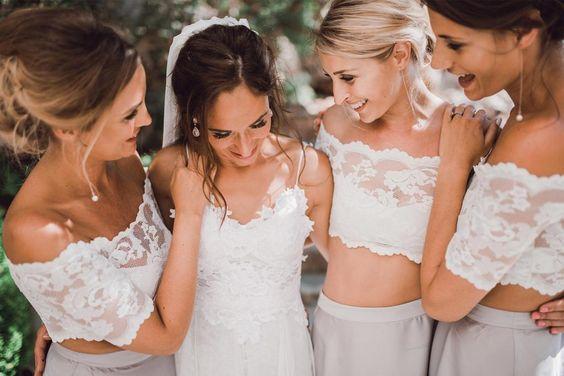 2 pieces Lace Top Short Sleeve Beach Wedding Bridesmaid Dresses, Affor – SofieBridal 2 pieces Lace Top Short Sleeve Beach Wedding Bridesmaid Dresses, Affor – SofieBridal