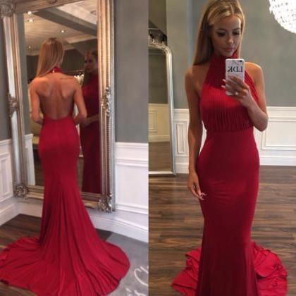 High Neck Red Jersey Backless Long Mermaid Halter Prom Dresses, PD0277