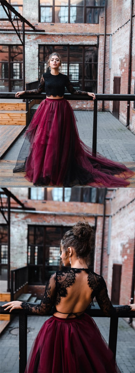 Two Pieces Black Lace Top And Tulle Burgundy Bottom Long Sleeves Open SofieBridal Two Pieces Black Lace Top And Tulle Burgundy Bottom Long Sleeves Open SofieBridal