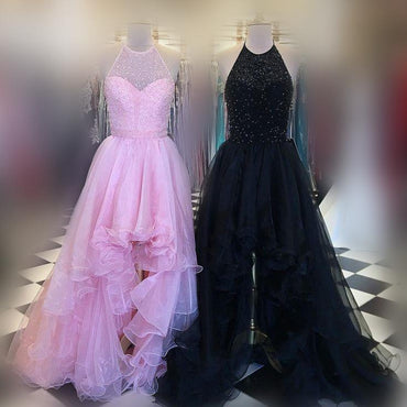 Halter Illusion Beaded Hi-Low Tulle Prom Dresses, Popular Prom Dresses, Long Prom Dresses,PD0338