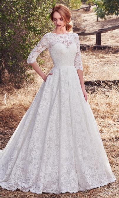 A-line 3/4 Sleeves V-back Full Lace Elegant Wedding Dresses, WD0308
