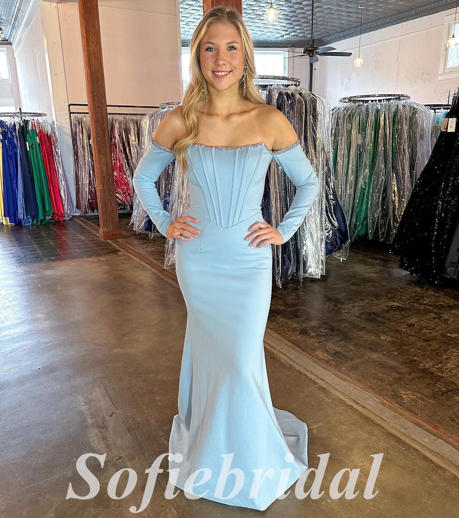 Sexy Jersey Off Shoulder Long Sleeve Mermaid Long Prom Dresses With Bone and Beading, PD0855