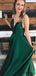 V-neck Long A-line Emerald Green Satin Prom Dresses, PD0921