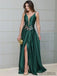 Emerald Green Long Satin Side Slit Embroidery Prom Dresses, PD0790