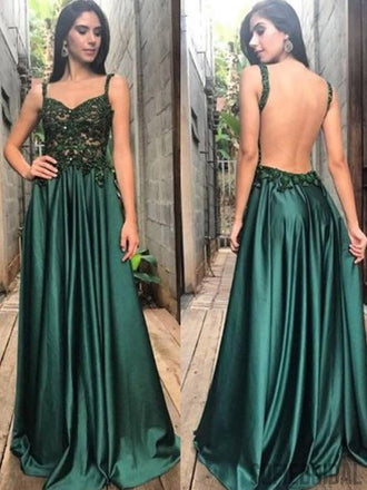 Straps Emerald Lace Long Satin A-line Prom Dresses, PD0830