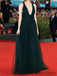 A-line Deep V-neck Backless Dark Green Long Tulle Prom Dresses, PD0027