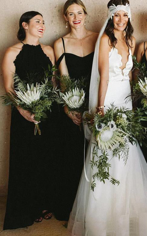 Mismatched Black Off Shoulder A-line Beautiful Long Bridesmaid Dresses, SFWG00424
