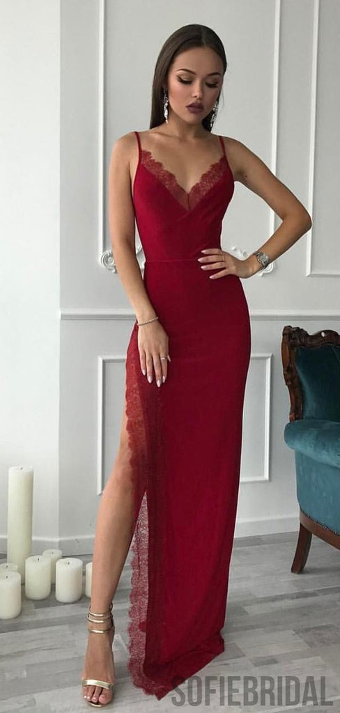 Red Spaghetti Long Side Slit Sheath Prom Dresses, Formal Evening Dresses, Prom Dresses, PD0734