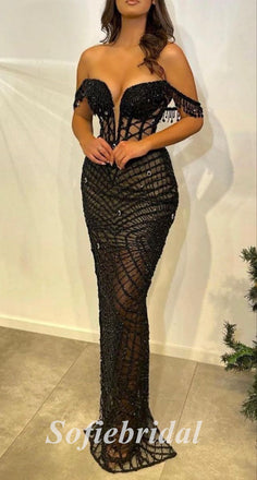 Sexy Tulle And Sequin Off Shoulder V-Neck Sleeveless Mermaid Long Prom Dresses With Beading, PD0826