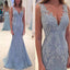 Elegant Sleeveless V-neck Appliques Lace Beaded Long Mermaid Tulle Prom Dresses, PD0291
