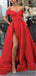 Off-shoulder Long Red Stain Prom Dresses With Split, PD0025