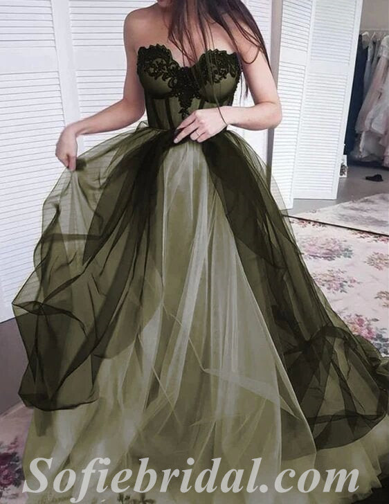 Elegant Tulle Sweetheart V-Neck Sleeveless A-Line Long Prom Dresses With Applique,SFPD0602