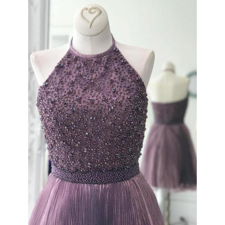 Dusty Purple Beaded Homecoming Dresses, Popular Simple Homecoming Dresses, Homecoming Dresses, SF0103