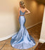 Blue Sequin Satin Spaghetti Straps Mermaid Prom Dresses,SFPD0183