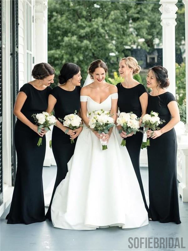 Sheath Beteau Neck Short Sleeves Open-back Black Bridesmaid Dresses, B SofieBridal Sheath Beteau Neck Short Sleeves Open-back Black Bridesmaid Dresses, B SofieBridal