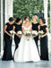 Sheath Beteau Neck Short Sleeves Open-back Black Bridesmaid Dresses, BD1067