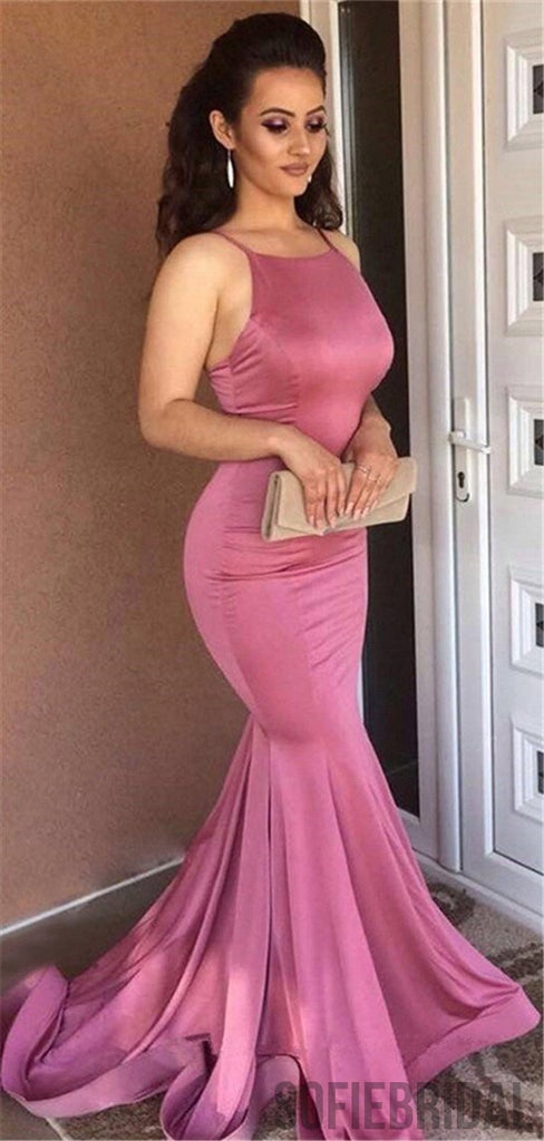 Mermaid Halter Zipper Back Simple Prom Dresses With Train, PD0035