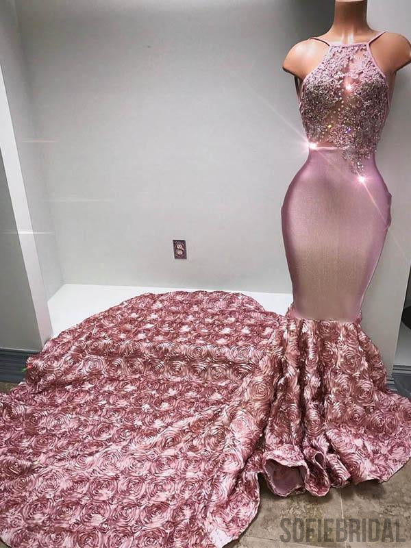3D Rose Flower Long Mermaid Lace Beaded Prom Dresses, PD0801