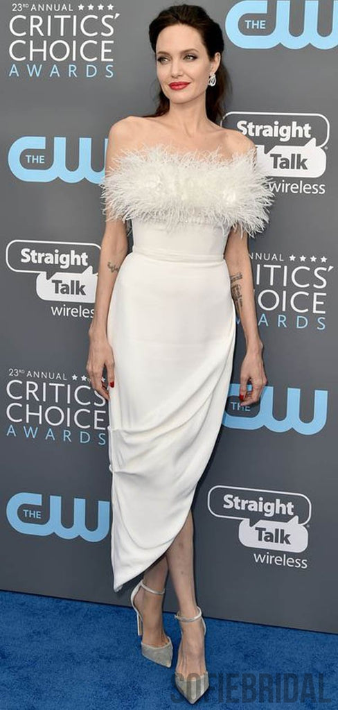 Angelina Jolie Inspired Ivory Feather Strapless Long Evening Dresses, PD0807