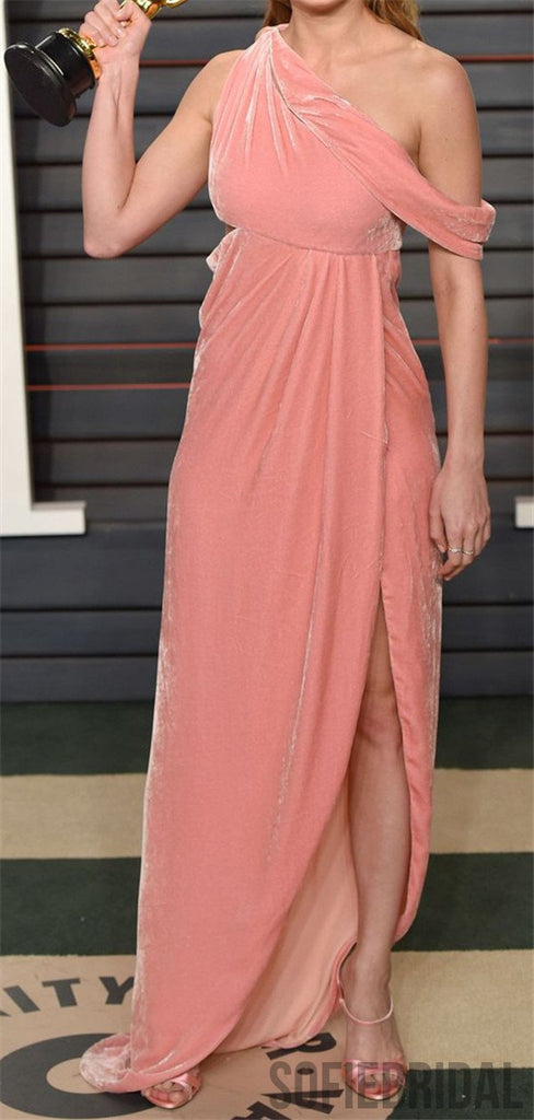 Newest One-shoulder Pink Velvet Cheap Long Prom Dress, PD0017