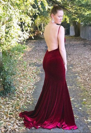 Spaghetti Long Mermaid Sexy V-neck Velvet Prom Dresses, PD0885