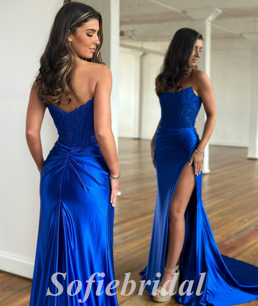 Sexy Satin And Lace Sweetheart Sleeveless Side Slit Mermaid Long Prom Dresses,SFPD0738
