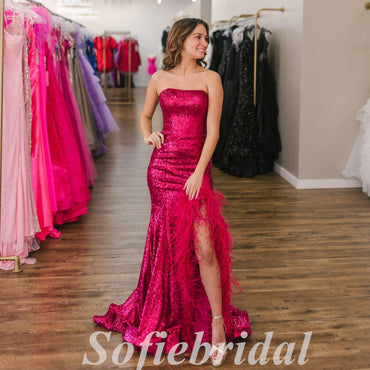 Sexy Sequin Sweetheart Sleeveless Side Slit Mermaid Long Prom Dresses With Feather,SFPD0688